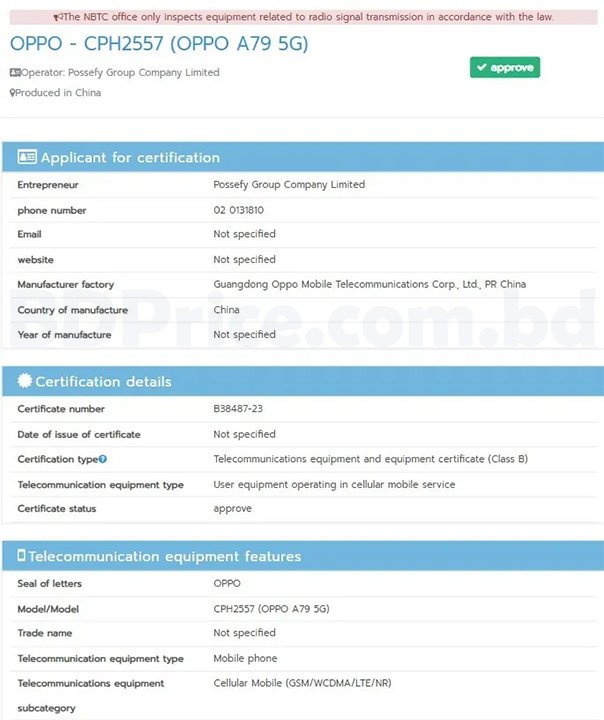 Oppo A79 5G Launch Date and Spec Spotted On NBTC